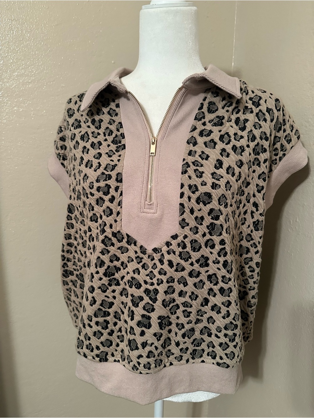 Leopard Print Zip Collared Top in Taupe